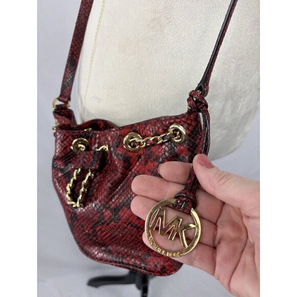 Michael Kors Frankie Crossbody Bag Red Black Snakeskin Print Small Pouch Bucket - Picture 4 of 14
